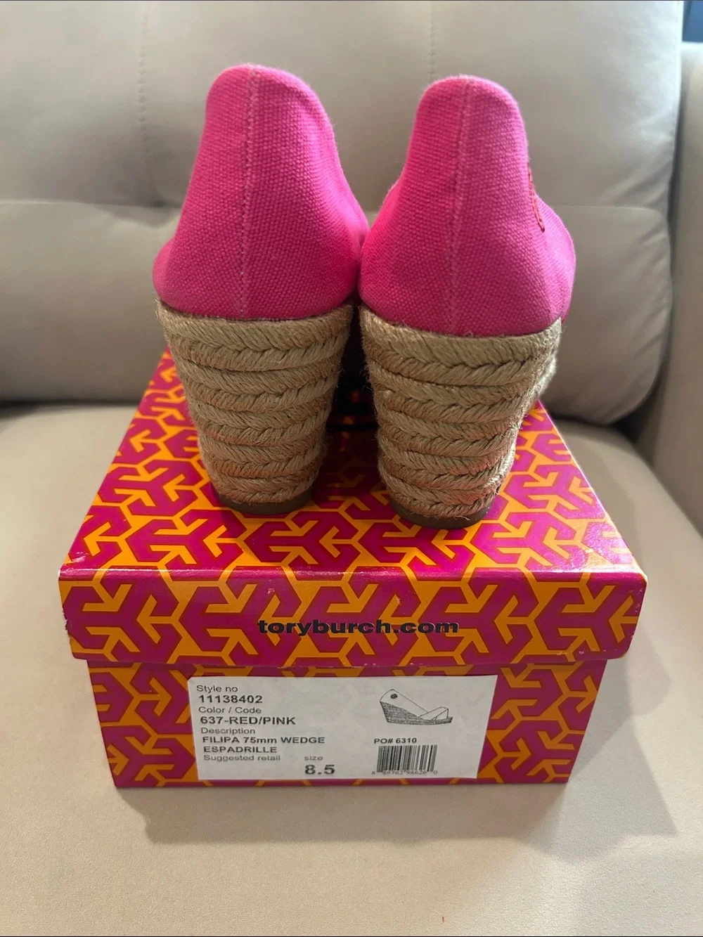 Tory Burch Two-Tone Pink and Red Canvas Wedge Espadrille